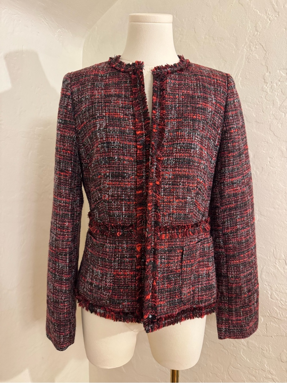 Donna Karan New York Women’s Tweed Fringe Jacket Size 6 Red Black
